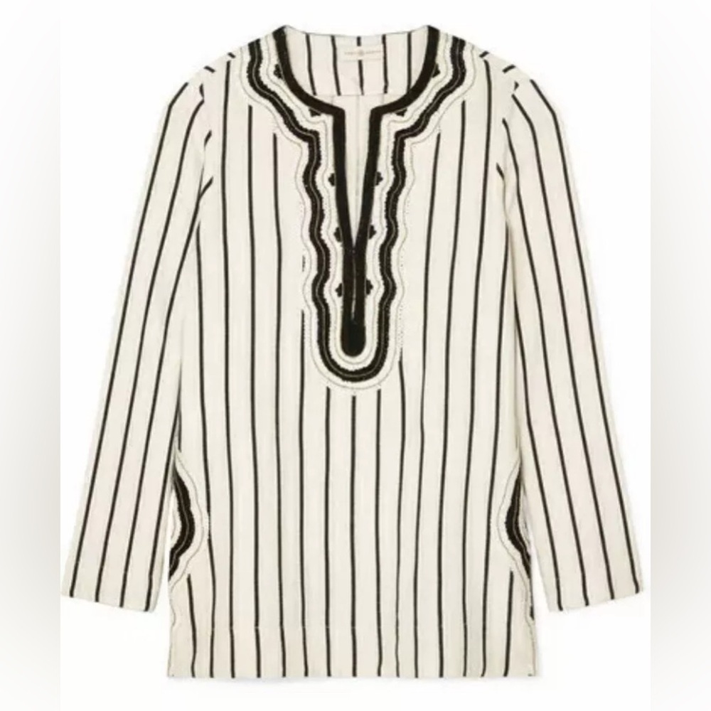 NWT Tory Burch Ivory Black Filipa Rayon Slub Stripe Tunic 4 - Picture 3 of 14